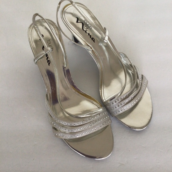 NINA METALLIC SILVER STRAPPY RHINESTONE HEELS SIZE 9 - Picture 3 of 14